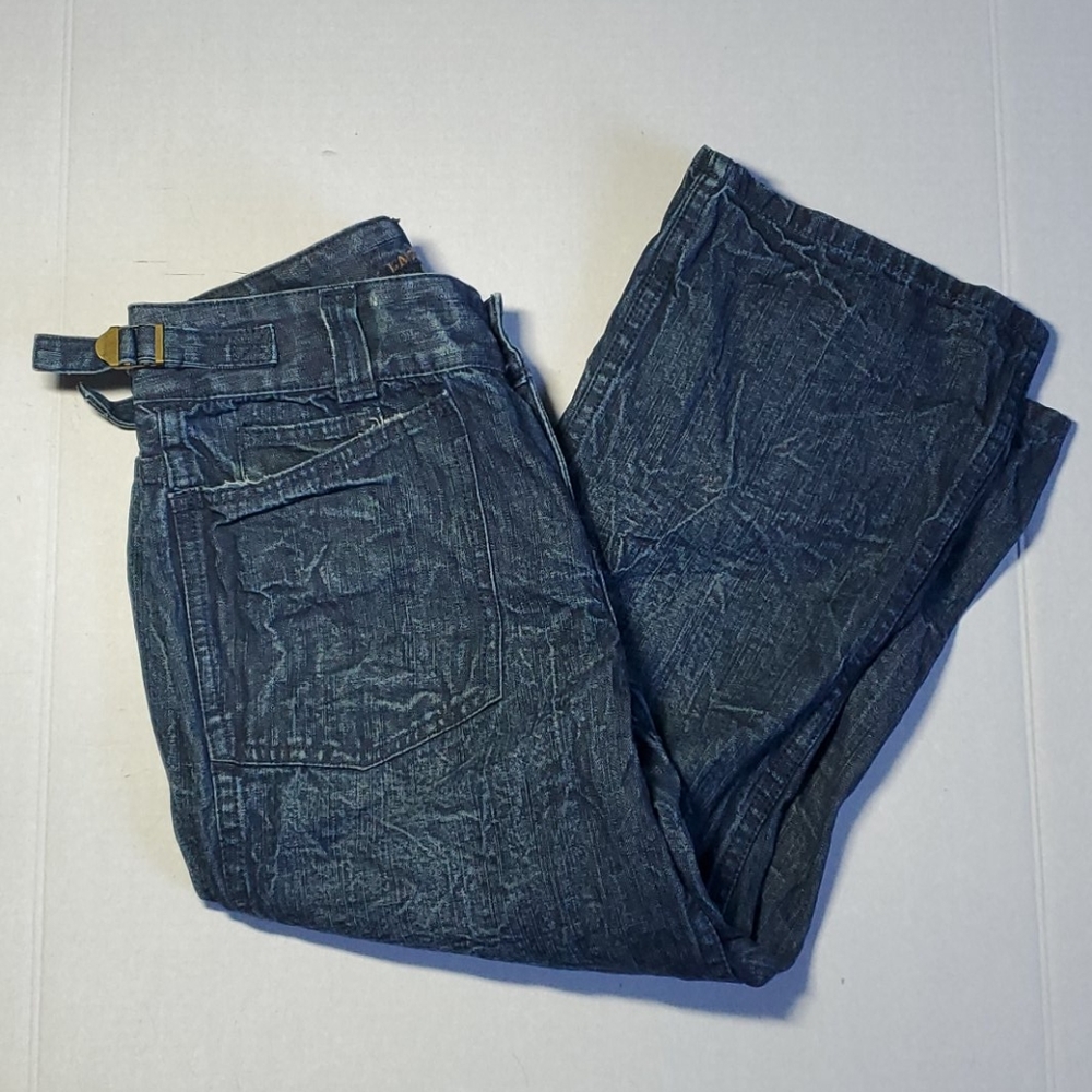 VTG Ralph Lauren stone wash denim blue jeans adjustable buckle waist flap button